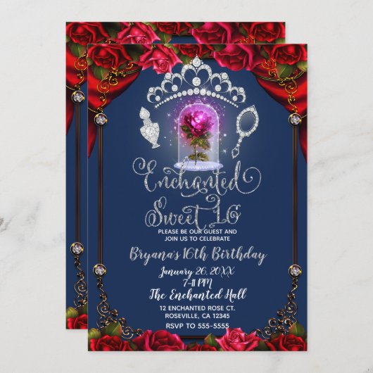 エンチャントレッドローズ美しいスウィート16バースデーパーティー 招待状 (正面/裏面)