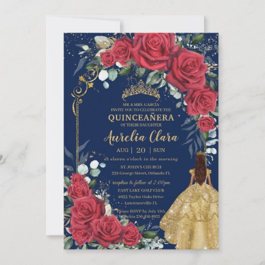 エンチャントレッドローゼスフローラネイビーブルーキンセアニラ 招待状 (正面)