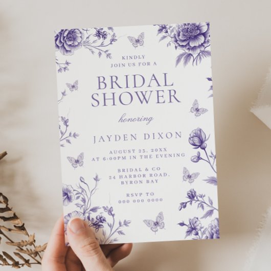 エンチャントヴィンテージパープルフローラブライダルシャワー 招待状