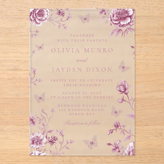 エンチャントヴィンテージ赤面ダスティバラ結婚フローラ アクリル招待状 (正面)