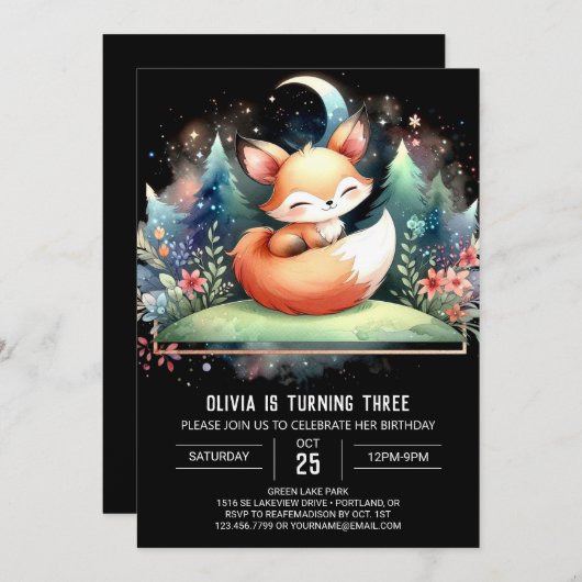 エンチャント印刷可能キツネ誕生日 招待状 (正面/裏面)