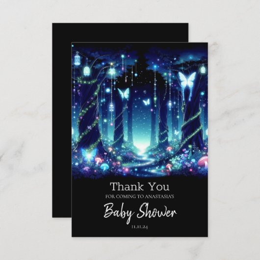 エンチャント威厳のあるお洒落ドフォレストベビーシャワー サンキューカード (正面/裏面)