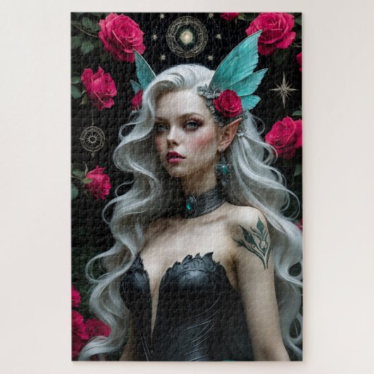 エンチャント小妖精や小人メイドウィングズとティール(緑がかった色)バラ ジグソーパズル (縦)