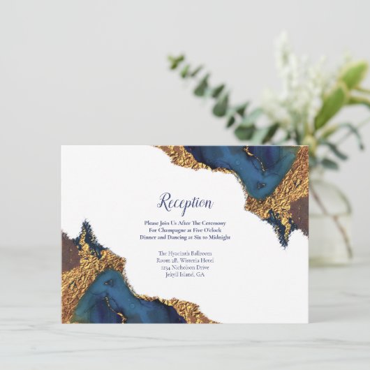 エンチャント抽象芸術ブルー金ゴールドウェディングレセプション エンクロージャーカード (スタンド正面)