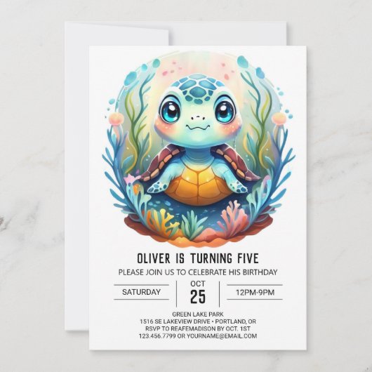 エンチャント水中競技ウィムシータートルボーイ誕生日 招待状 (正面)