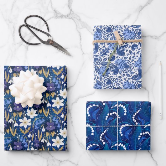 エンチャント王室のブルーアーリー春フローラルパターン ラッピングペーパーシート (正面)