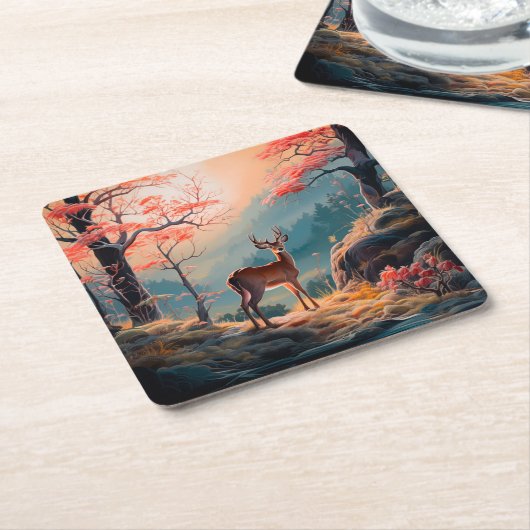 エンチャント秋の鹿の森シーンデザイン スクエアペーパーコースター (アングル)