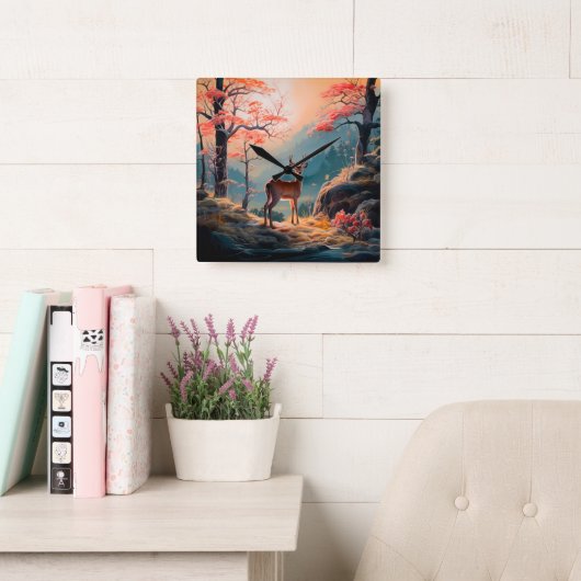 エンチャント秋の鹿の森シーンデザイン スクエア壁時計 (読書スペース)