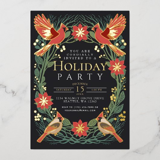 エンチャント素朴ドクリスマス深紅色ホリデーパーティー 箔招待状 (正面)