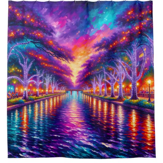 「エンチャント・リバーウォーク：サン・アントニオの夕べ・グロー」 シャワーカーテン (正面)