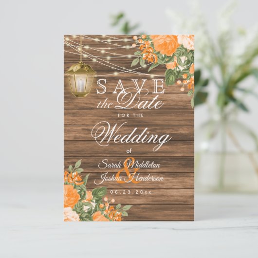 エントリーのご案内 ウッドランタンとオレンジフラワー セーブザデート (スタンド正面)