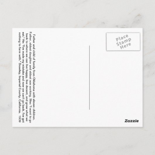 エンドウ豆の収穫の間の移住ファミリー – 1939年 ポストカード (裏面)