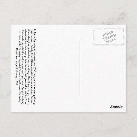 エンドウ豆の収穫の間の移住性家族 -- 1939年 ポストカード (裏面)