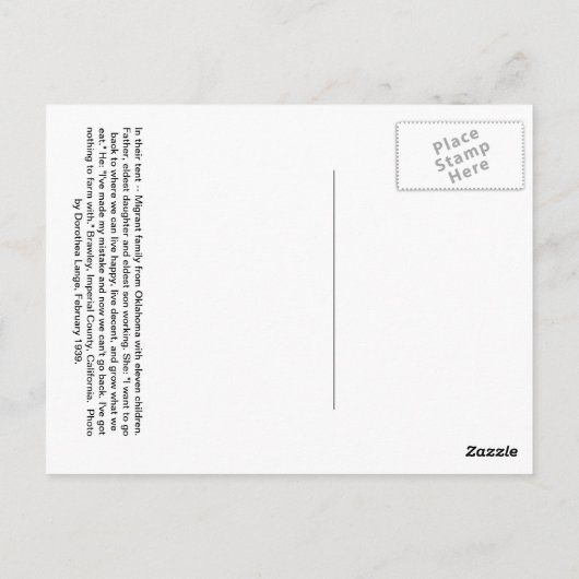 エンドウ豆の収穫の間の移住性家族 -- 1939年 ポストカード (裏面)