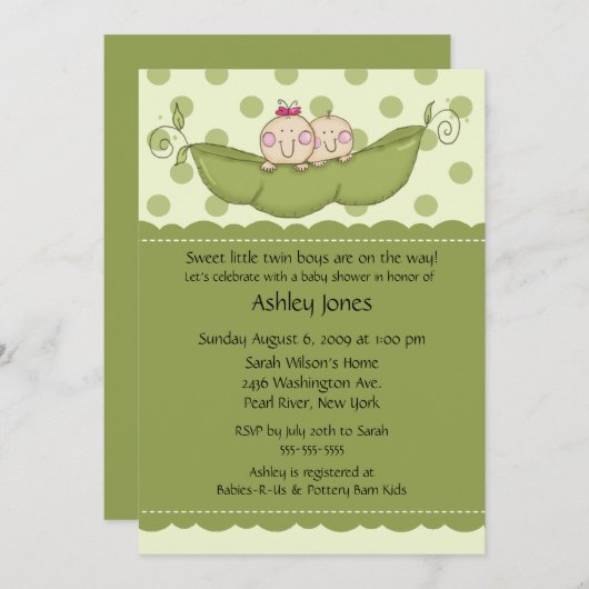 エンドウ豆の鞘の双生児の男の子及び女の子のベビーシャワー招待状 招待状 (正面/裏面)