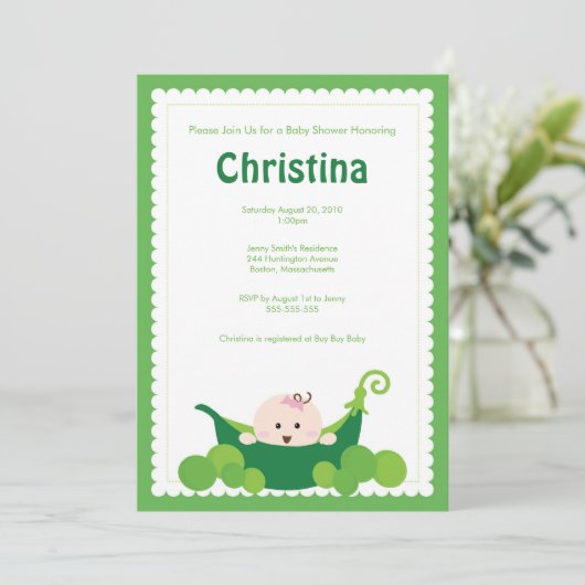 エンドウ豆の鞘の女の赤ちゃんのベビーシャワーの招待状 招待状 (スタンド正面)