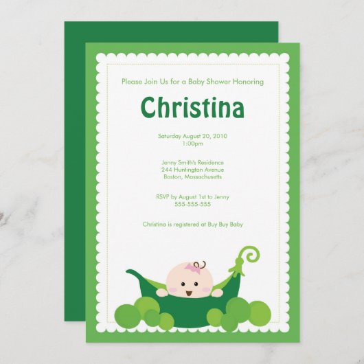 エンドウ豆の鞘の女の赤ちゃんのベビーシャワーの招待状 招待状 (正面/裏面)