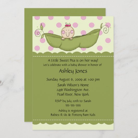 エンドウ豆の鞘の女の赤ちゃんのベビーシャワー招待状 招待状 (正面/裏面)