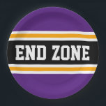 エンドゾーンパープルはっきりしたイエローブラックサッカーストライプ選手 ペーパープレート<br><div class="desc">このスポーティでアスレチックはっきりしたなデザインは、紫の外の文字に対して白と黄色の二重のレースストライプを持つ強調されたワイドな黒いストライプの中でEND ZONE王室ののを備えストライプている。この文字のデザインはパーソナライズされた、</div>