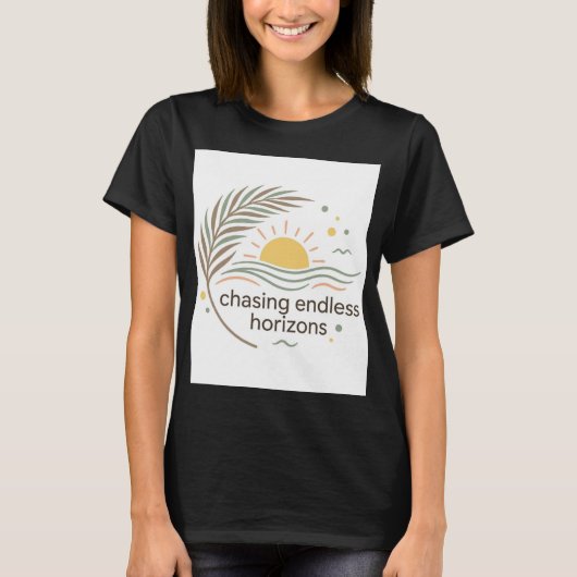 エンドレスな地平線を追い求めて 日没ビーチ Tシャツ (正面)