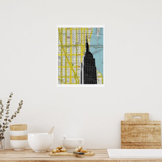エンパイアステート建物とNYCストリートマップ背景 ポスター (キッチン)