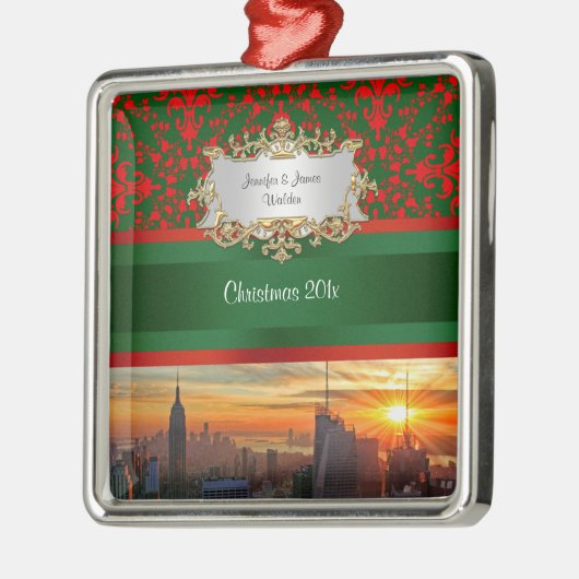 エンパイアセントブレッドサンセットNYCレッドグリーンダマスククリスマス メタルオーナメント (左)