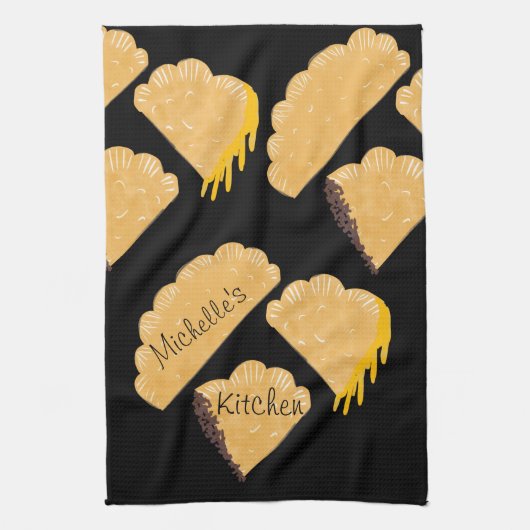 エンパナーダの肉チーズが滴る手描きデザイン キッチンタオル (縦)