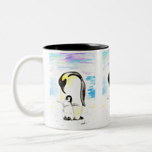 エンペラーペンギンとひなの水彩画 ツートーンマグカップ