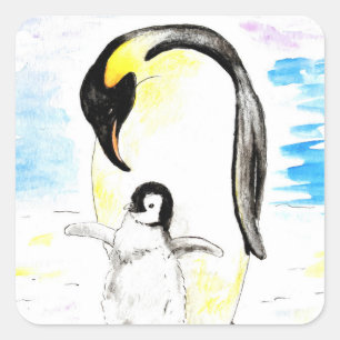 エンペラーペンギンとひな 水彩画 スクエアシール