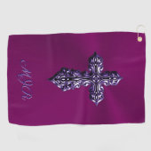 エンボスに見えるゴシック様式の十字架で紫とモノグラム ゴルフタオル (横)