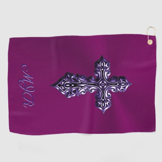 エンボスに見えるゴシック様式の十字架で紫とモノグラム ゴルフタオル (横)