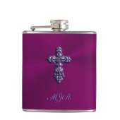 エンボスに見えるゴシック様式の十字架で紫とモノグラム フラスク (正面)