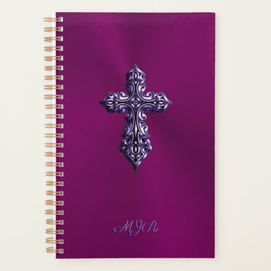 エンボスに見えるゴシック様式の十字架で紫とモノグラム プランナー手帳 (正面)