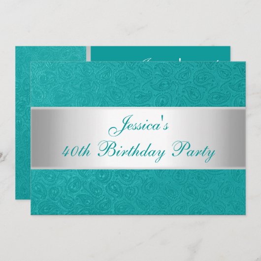 エンボスエレガントグリーンペイズリーホワイトパーティー 招待状 (正面/裏面)