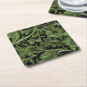 エンボスグリーンブラックフェイクレザー スクエアペーパーコースター (アングル)