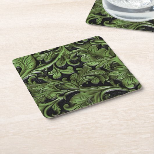 エンボスグリーンブラックフェイクレザー スクエアペーパーコースター (アングル)