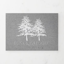 エンボスツリー灰色クラフト紙冬の結婚式 三つ折り招待状