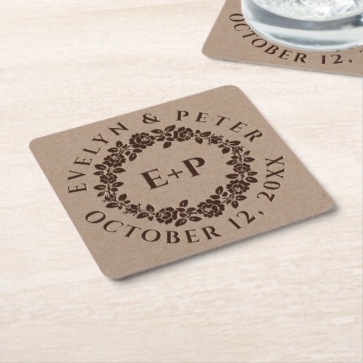 エンボスバラリースオン素朴クラフト紙結婚ズ スクエアペーパーコースター (アングル)