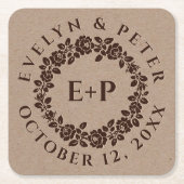 エンボスバラリースオン素朴クラフト紙結婚ズ スクエアペーパーコースター (正面)