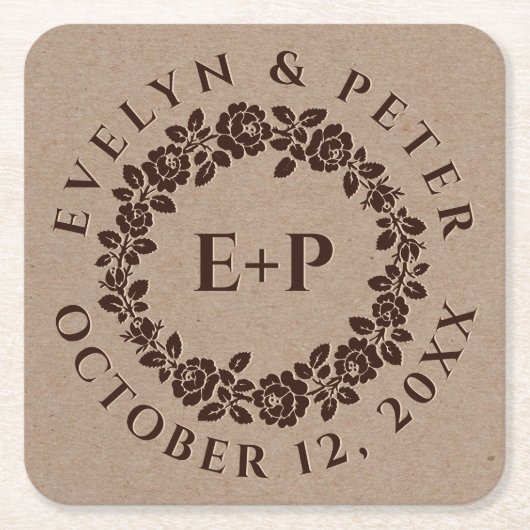 エンボスバラリースオン素朴クラフト紙結婚ズ スクエアペーパーコースター (正面)