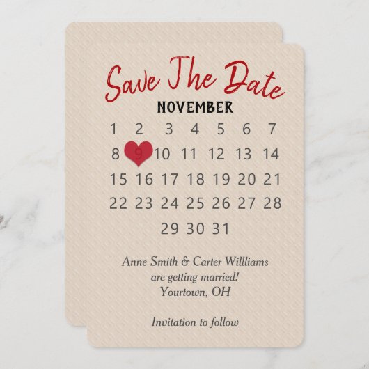 エンボスパターンの結婚式カレンダー「Save the Date」 招待状 (正面/裏面)