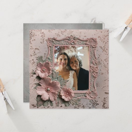 エンボスピンクフローラおばあちゃんの写真フレーム カード (正面/裏面インサイチュ)