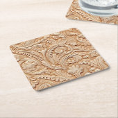 エンボスベージュフェイクレザー スクエアペーパーコースター (アングル)