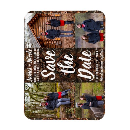 エンボスレザー4枚の写真を保存する日付結婚の マグネット (縦)