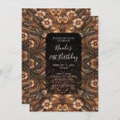 エンボスヴィンテージフェイクフローラレザールック誕生日 招待状 (正面/裏面)