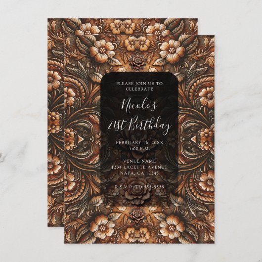 エンボスヴィンテージフェイクフローラレザールック誕生日 招待状 (正面/裏面)