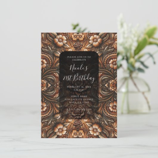 エンボスヴィンテージフェイクフローラレザールック誕生日 招待状 (スタンド正面)