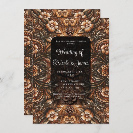 エンボスヴィンテージフェイクフローラレザー結婚ルック 招待状 (正面/裏面)