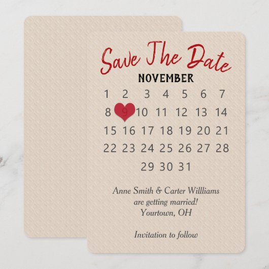 エンボス加工されたパターンが施された結婚式のカレンダー「Save the Date」 招待状 (正面/裏面)