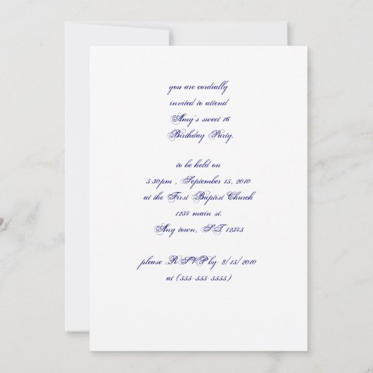 エンボス加工された青いスクロールがおしゃれな招待状 招待状 (裏面)